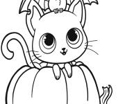 Coloriage Chauve souris sur chaton Kawaii Halloween pour petit