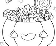 Coloriage Citouille d'Halloween Kawaii avec des friandises pour petit
