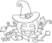 Coloriage Citrouille de Halloween avec un chapeau de sorci&egrave;re et des friand
