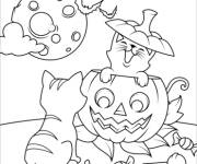 Coloriage Deux chats s'amusent dans la citrouille d'Halloween