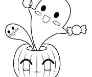 Coloriage Deux fant&ocirc;mes mignons sortant d'une citrouille d'Halloween en cou