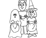 Coloriage Deux filles et un garcon en costumes de Halloween