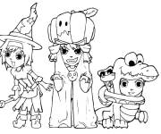 Coloriage Enfants kawaii en costumes de la fete Halloween