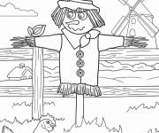 Coloriage &Eacute;pouvantail mignon avec moulin de ferme pour Halloween
