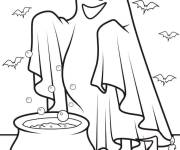 Coloriage Fant&ocirc;me mignon devant le chaudron de la sorci&egrave;re pour Halloween
