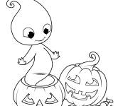 Coloriage Fant&ocirc;me mignon sortant d'une citrouille