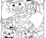 Coloriage et dessins gratuit Fille et petite &eacute;pouvantail avec citrouille d'Halloween à imprimer