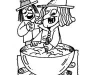 Coloriage et dessins gratuit Fille et sorci&egrave;re pr&eacute;pare la potion magique de Halloween à imprimer