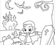Coloriage Jeune Dracula marrant dans un cimeti&egrave;re pour Halloween