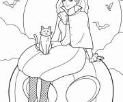 Coloriage Jeune sorci&egrave;re assise sur une grosse citrouille