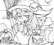 Coloriage La petite belle sorci&egrave;re avec son chaton dans les champs