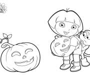 Coloriage La petite Dora et la citrouille de Halloween