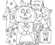 Coloriage Les enfants mignons demandent leurs bonbons Halloween