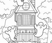 Coloriage Maison hant&eacute;e avec fant&ocirc;mes Halloween