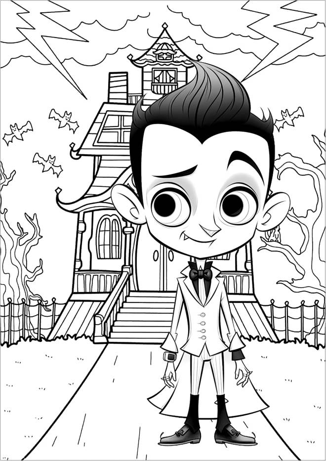 Coloriage Petit vampire devant son château pour la fête de 31 Octobre