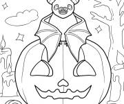 Coloriage Petite chauve-souris assise sur une grosse citrouille de la f&ecirc;te 