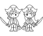 Coloriage Petite fille et gar&ccedil;on en costume de pirate pour Halloween