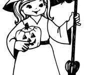 Coloriage Petite fille sorci&egrave;re avec balai pour Halloween