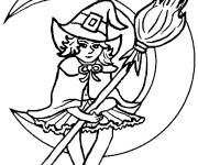 Coloriage Petite fille sorci&egrave;re sur le croissant Halloween