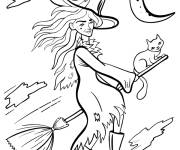 Coloriage Sorci&egrave;re avec son chat sur le balai Halloween pour les tous petit