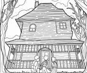 Coloriage Trois enfants debout devant une maison hant&eacute;e Halloween