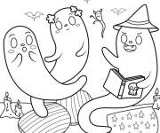 Coloriage Trois mignons fant&ocirc;mes hant&eacute;s pour Halloween