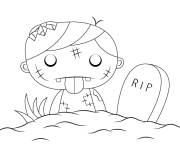 Coloriage Zombie mignon dans un cimeti&egrave;re se l&egrave;ve pendant le Halloween