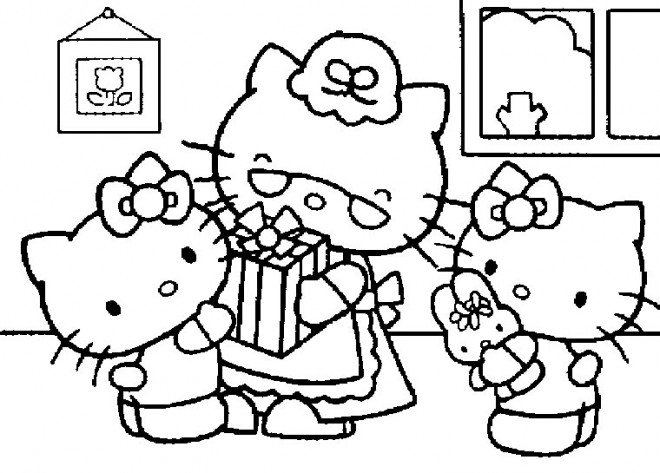Coloriage et dessins gratuits Hello Kitty en famille à imprimer