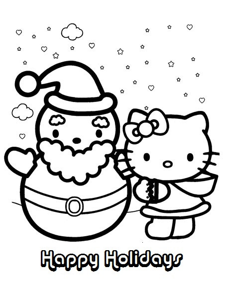 Coloriage et dessins gratuits Hello Kitty et Bonhomme de Neige simple à imprimer