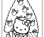 Coloriage et dessins gratuit Hello Kitty et Sapin Noel en couleur à imprimer