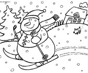 Coloriage Bonhomme de Neige fait du Ski en Hiver