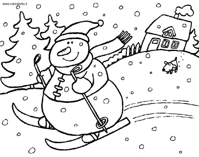 Coloriage Bonhomme de Neige fait du Ski en Hiver dessin gratuit à imprimer