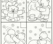 Coloriage et dessins gratuit Ours construit le Bonhomme de Neige en Hiver à imprimer