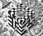 Coloriage Cube en cases noir et blanc en 3D