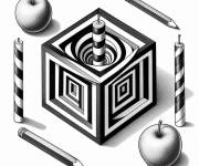 Coloriage Illusion d'optique Cube rayonnant avec une pomme