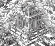 Coloriage Maison hant&eacute;e Illusion d'optique