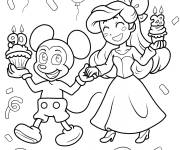 Coloriage Ariel et Mickey Mouse Kawaii apportent le g&acirc;teau d'anniversaire