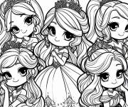 Coloriage Illustration des belles princesses Kawaii de Disney