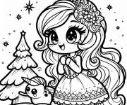 Coloriage Kawaii princesse avec bonhomme de neige