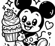 Coloriage et dessins gratuit Petit Mickey Mouse kawaii avec un gros g&acirc;teau à imprimer