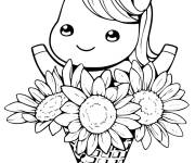 Coloriage Licorne Kawaii cornet avec fleurs 