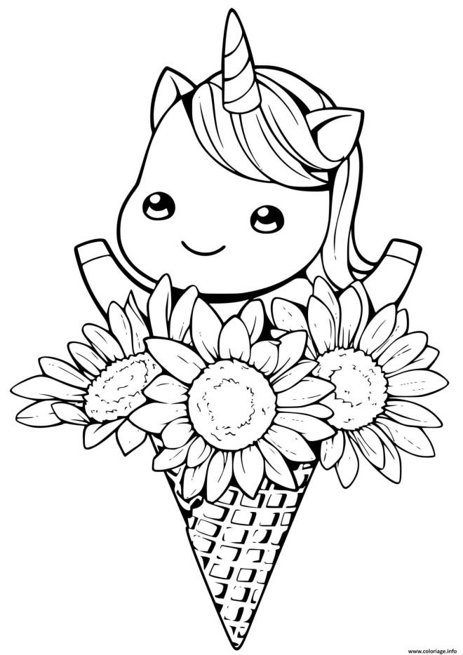 Coloriage et dessins gratuits Licorne Kawaii cornet avec fleurs  à imprimer