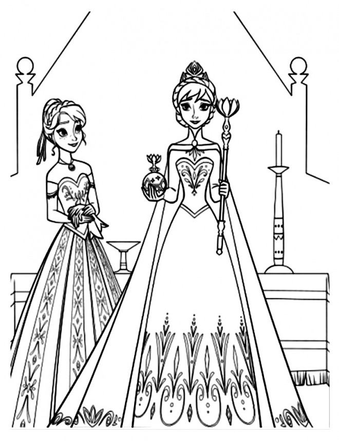 Coloriage La Reine des Neiges et Anna à découper