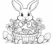 Coloriage Charmant Lapin de P&acirc;ques avec un panier de P&acirc;ques