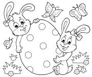 Coloriage Deux lapins aimables sur un gros oeuf de P&acirc;ques 