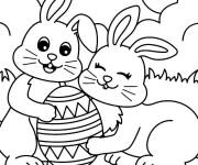 Coloriage Deux lapins super heureux de trouver l'oeuf de p&acirc;que