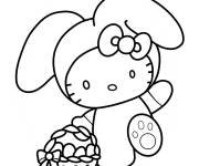 Coloriage Hello Kitty en costume de lapin de P&acirc;ques portant un panier d'&oelig;uf