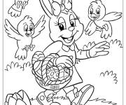 Coloriage Jolie lapine de P&acirc;ques entour&eacute;e par des jolis oiseaux