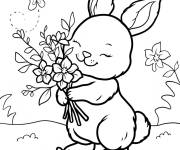 Coloriage Joyeux lapin de P&acirc;ques tenant un bouquet de fleurs