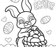 Coloriage Kawaii Lapin de P&acirc;ques portant un panier avec des &oelig;ufs